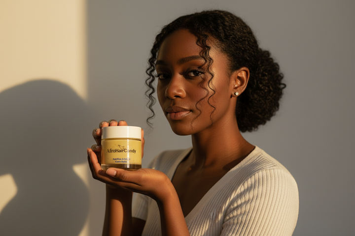 AfroHairCandy Hairline & Edge Care Balm made with botanical plants seeds and oils