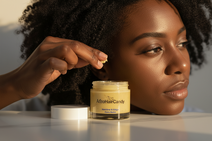Applying AfroHairCandy Hairline & Edge Balm to care for natural textured hair edges